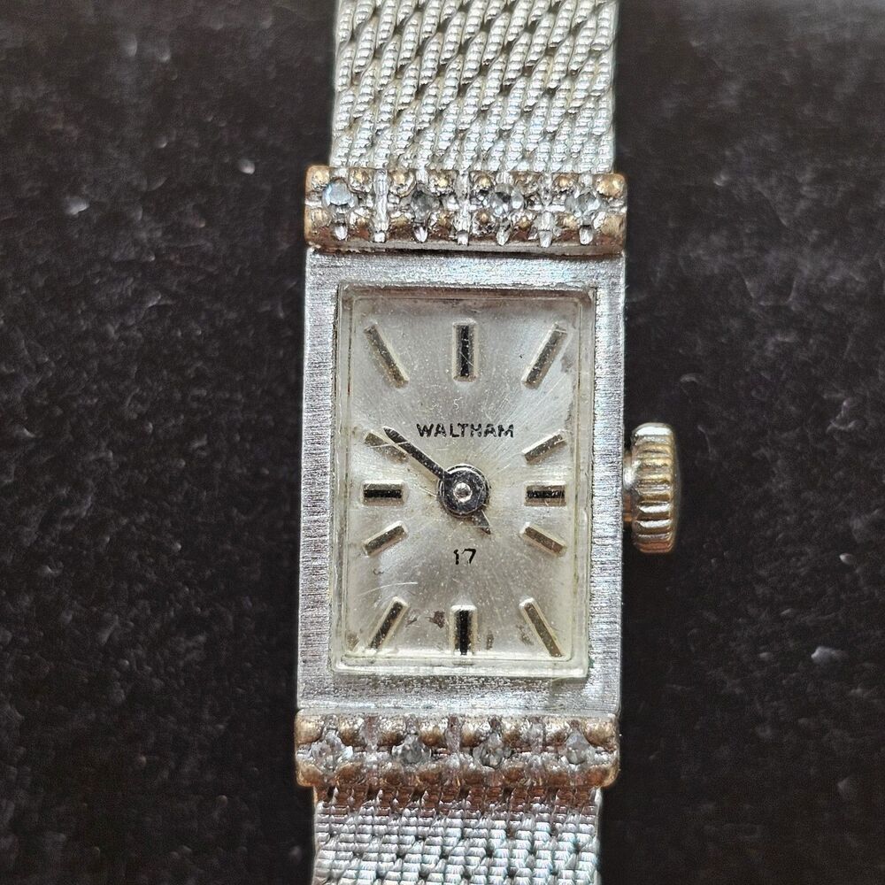Vintage Waltham 17J Diamond Bezel Ladies Tank Watch For Repair
